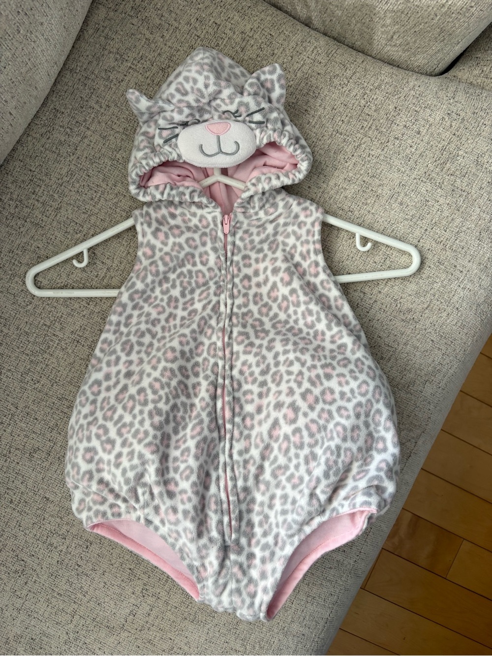 Carter's Pink and Gray Leopard Hooded Fleece Romper